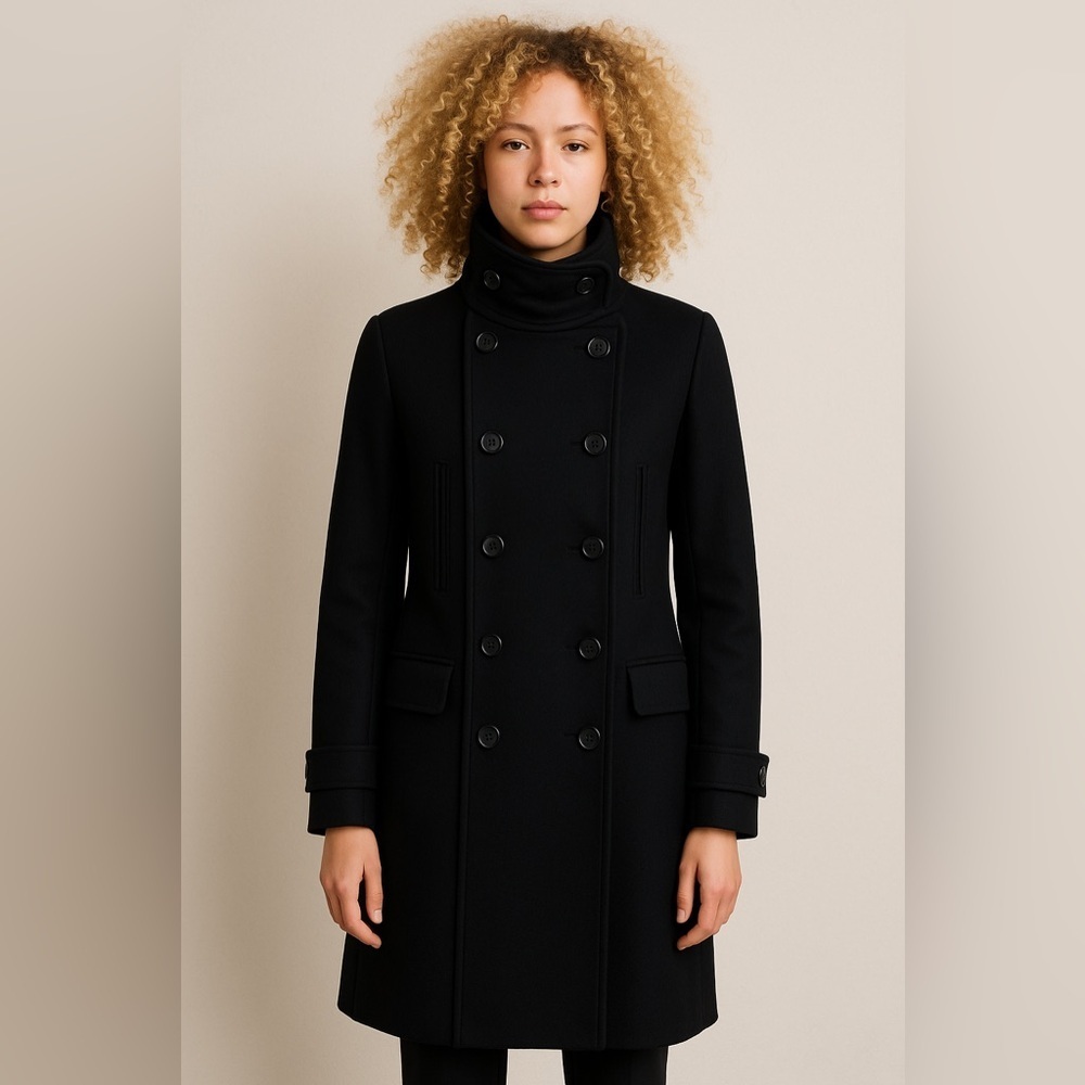 THEORY | Black Double-Breasted Size S Classic Minimalist Luxury Wool Overcoat